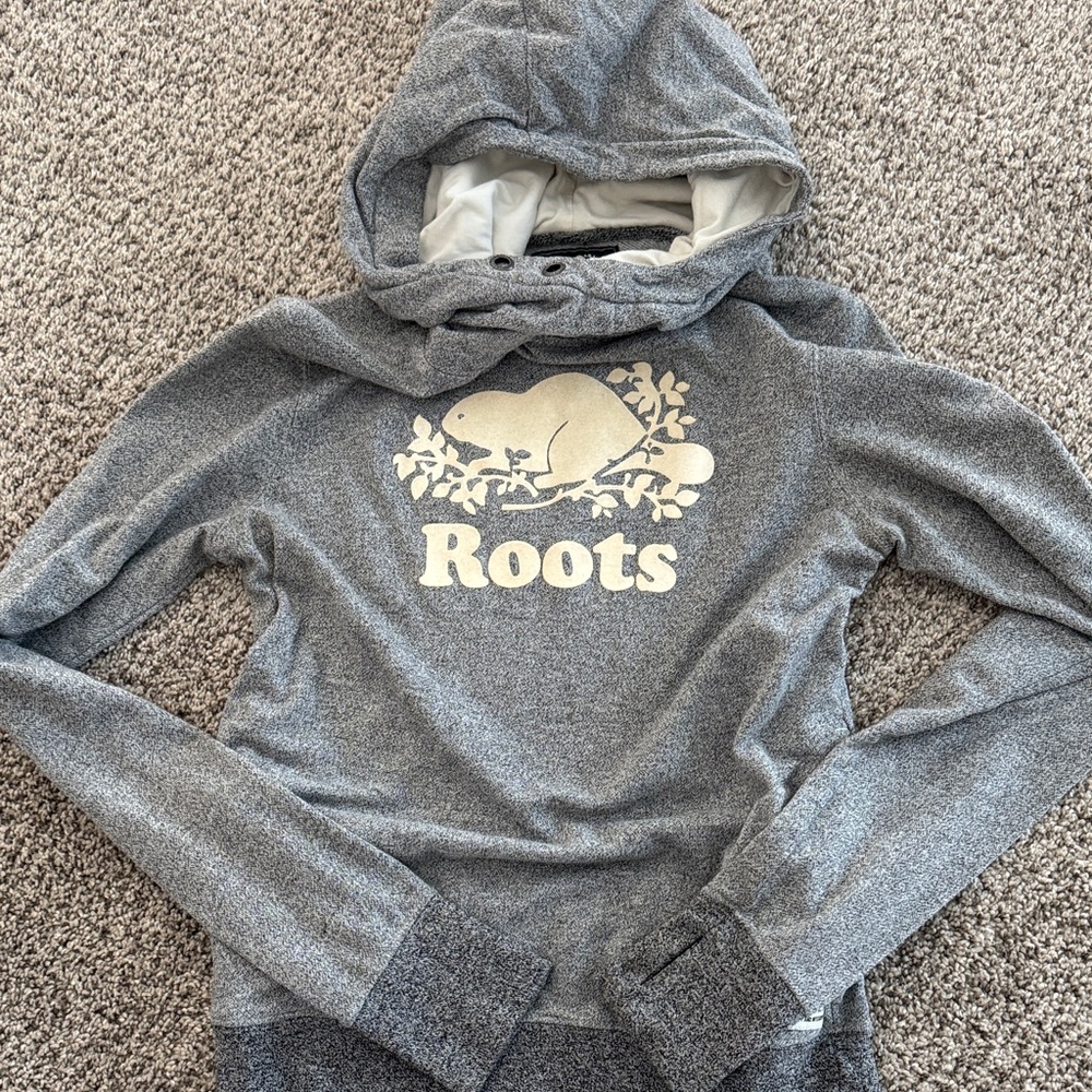 Roots Heather Gray Hoodie with Beaver Design